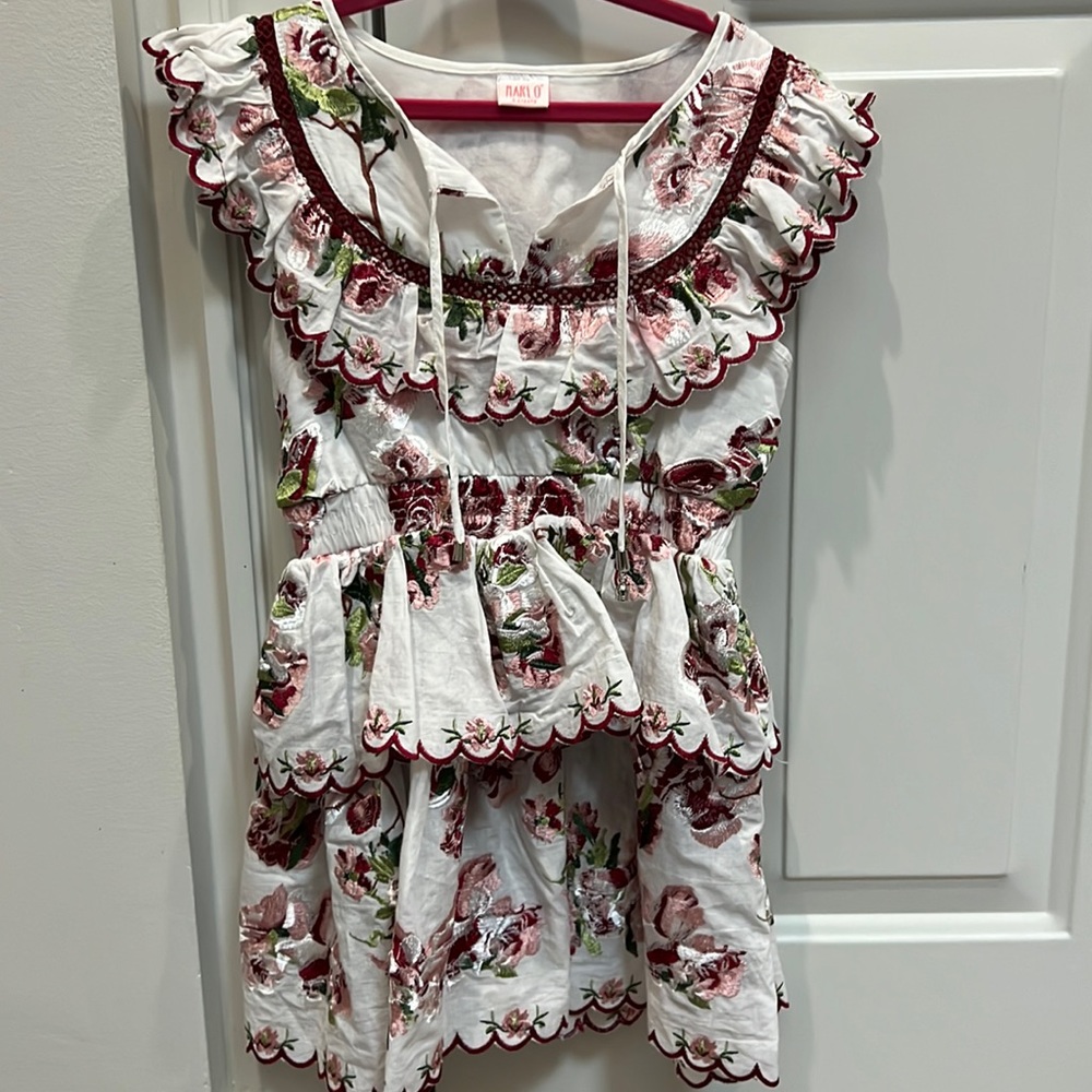 Scalloped hem and ruffled embroidered girls dress